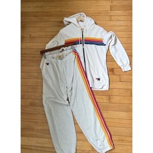 Aviator Nation 5-Stripe Zip Hoodie and Sweatpants Set Cream Rainbow Medium
